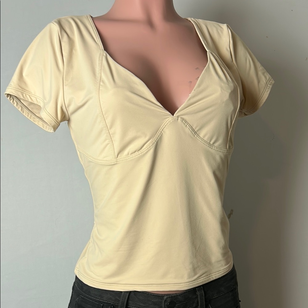 Qinsen Empire Vneck Crop Top Women’s Stretch Short Sleeve Nylon Size XL